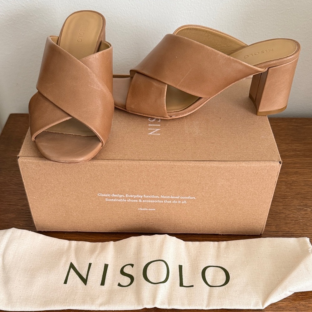 Nisolo Tan Leather Crisscross Block Heel Mules